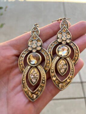 Gold-Tone Clear and Champagne Crystal Filigree Drop Earrings - Vintage